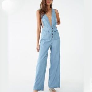 Forever 21 XS Light Blue Denim Overalls Button Wide Leg Pockets Jumpsuit Retro